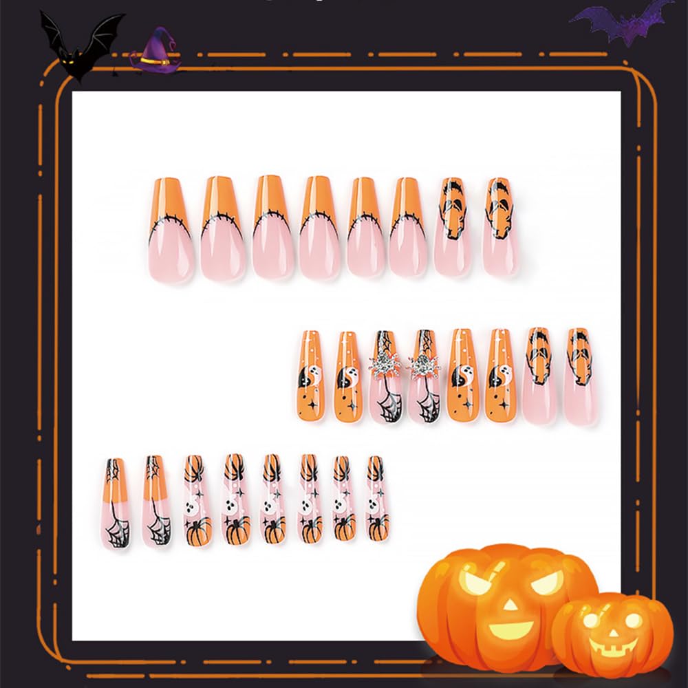 24 PCS Press On False Nails Short Medium Length Full Cover Acrylic Fake Nails Almond Shaped Ballerina Nails Cute Pumpkin Bat Ghost Spider Reusable Nails Nail Salons Home DIY