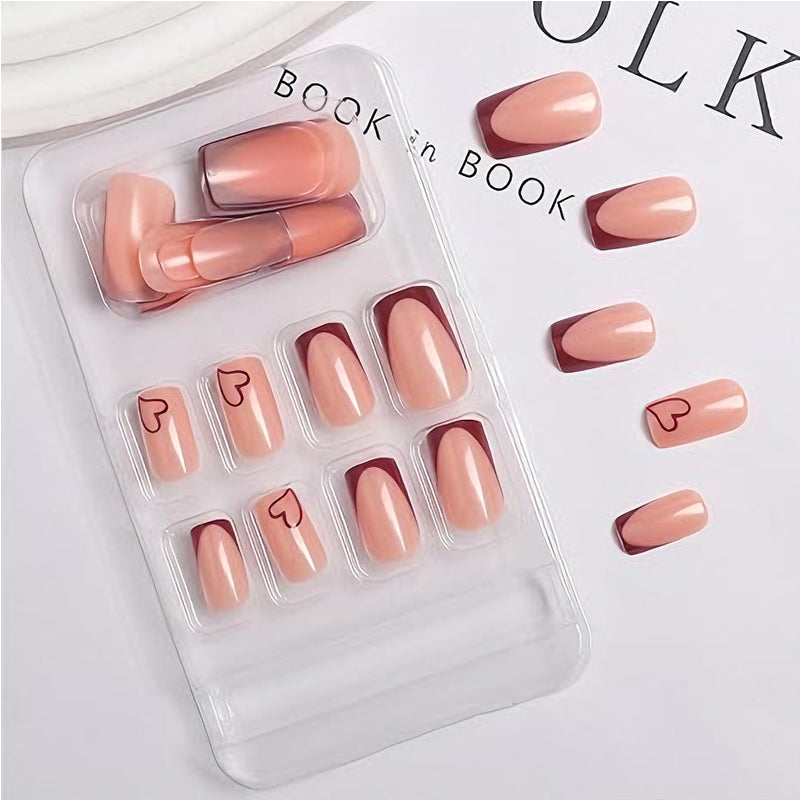 24 PCS Valentine's Day Press On Nails, French Tip Medium Square Wine Red Heart Fake Nails Natural Fit Gel Acrylic Nails, Glue On Nails False Nail Set
