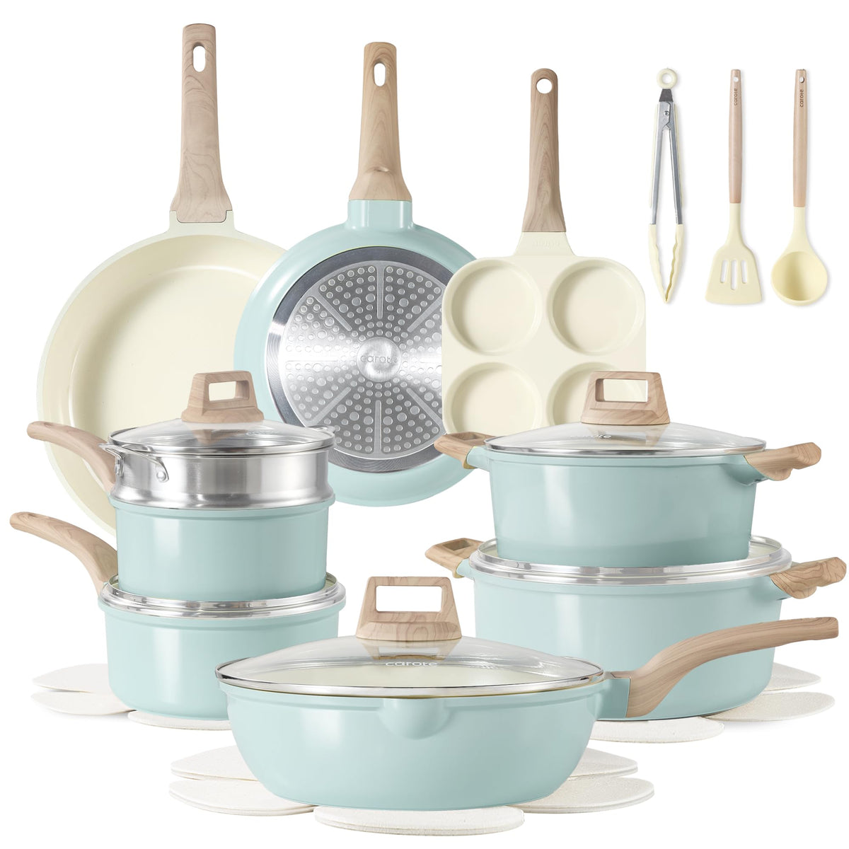 CAROTE 21Pcs Pots and Pans Set, Nonstick Cookware Sets, White Granite Induction Cookware Non Stick Cooking Set w/Frying Pans & Saucepans(PFOS, PFOA Free)