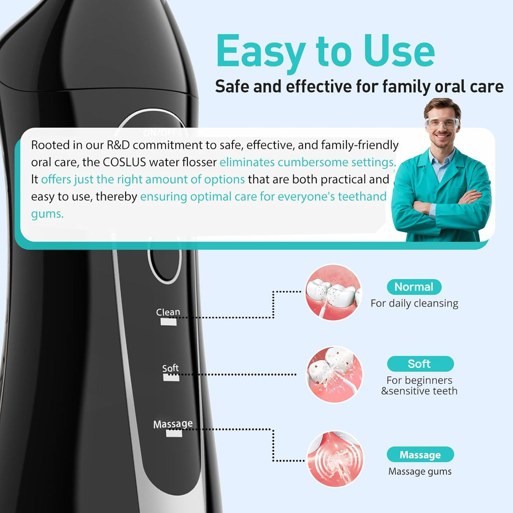 COSLUS Water Dental Flosser Teeth Pick: Portable Cordless Oral Irrigator 300ML Rechargeable Travel Irrigation Cleaner IPX7 Waterproof Electric Flossing Machine for Teeth Cleaning C20(F5020E)