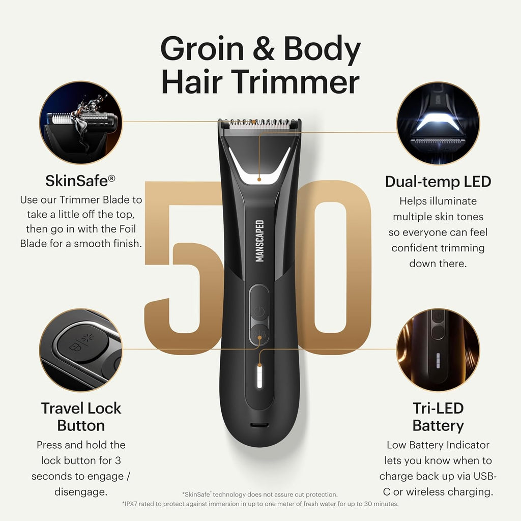 MANSCAPED® The Lawn Mower® 5.0 Ultra Groin & Body Hair Trimmer – Dual-Head SkinSafe® Trimmer & Foil Blades, Waterproof Wet/Dry Groomer, USB-C Rechargeable with Travel Case, Men’s Ball Shaver, Black
