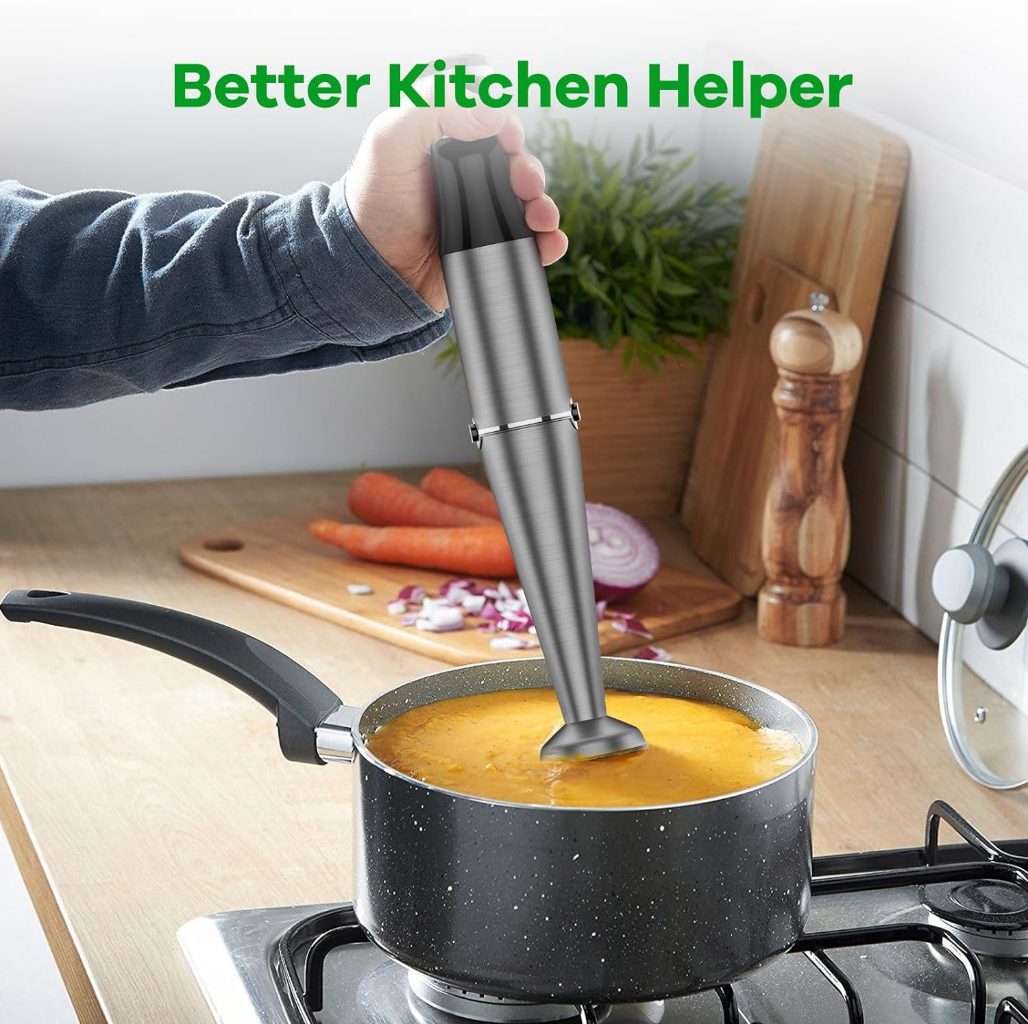 Immersion Blender Handheld Corded Hand Blenders Set 1100W, Trigger Variable Speed 5 in 1 Stick Emulsifier with Chopper, Whisk and Frother for Soup, Baby Food and Smoothies