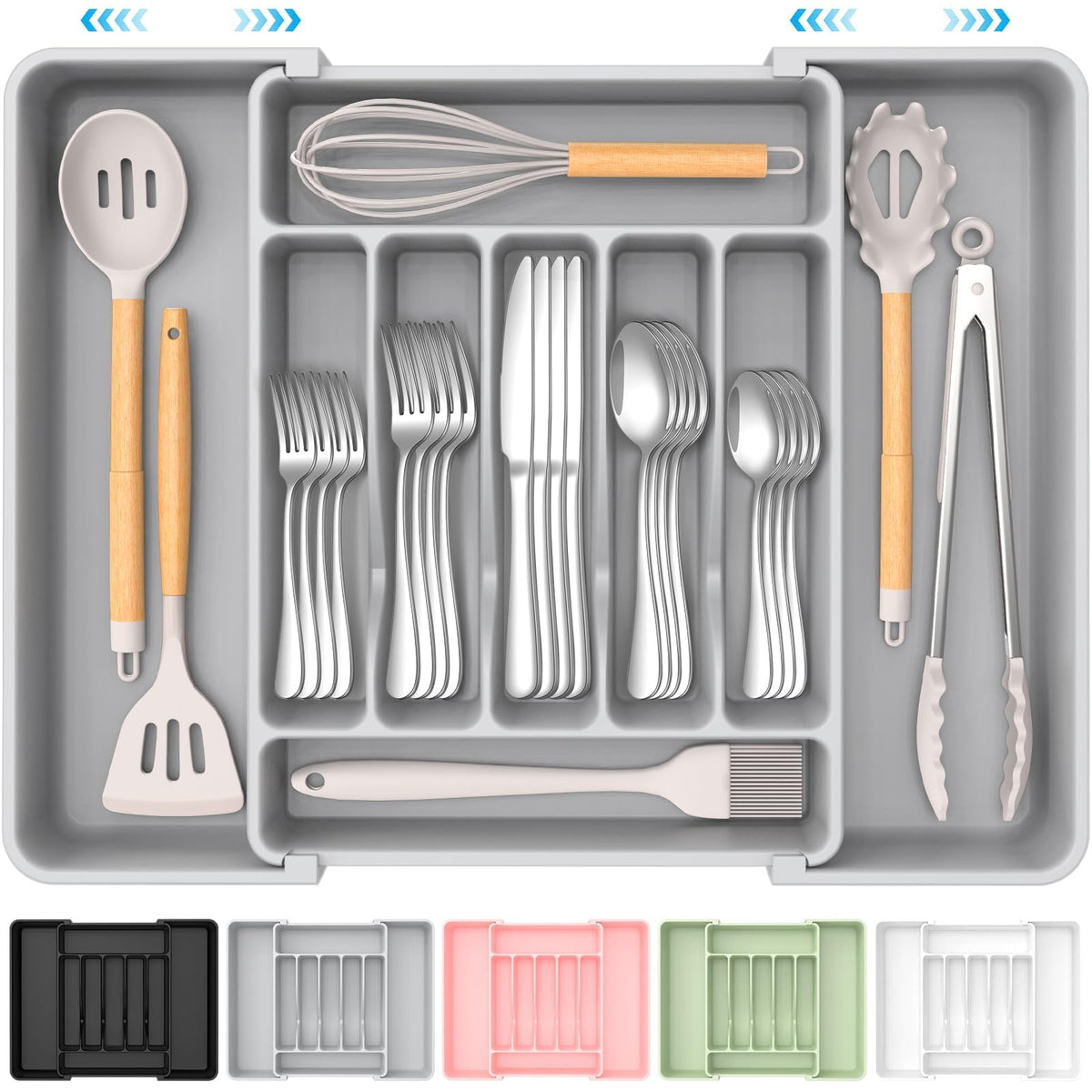 Extra Large Expandable Silverware Organizer, BPA-Free Food-Safe Cutlery Flatware Organizer, Kitchen Utensil Drawer Organizer, Adjustable Silverware Holder for Spoons Forks Knives, Black