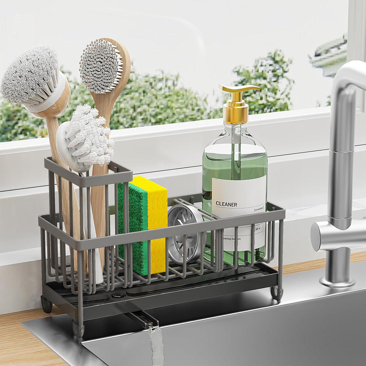 Cisily Sponge Holder for Kitchen Sink, Sink Caddy Organizer with High Brush Holder, Kitchen Countertop Organizers and Storage Essentials, Rustproof 304 Stainless Steel (Black, 9.25″)