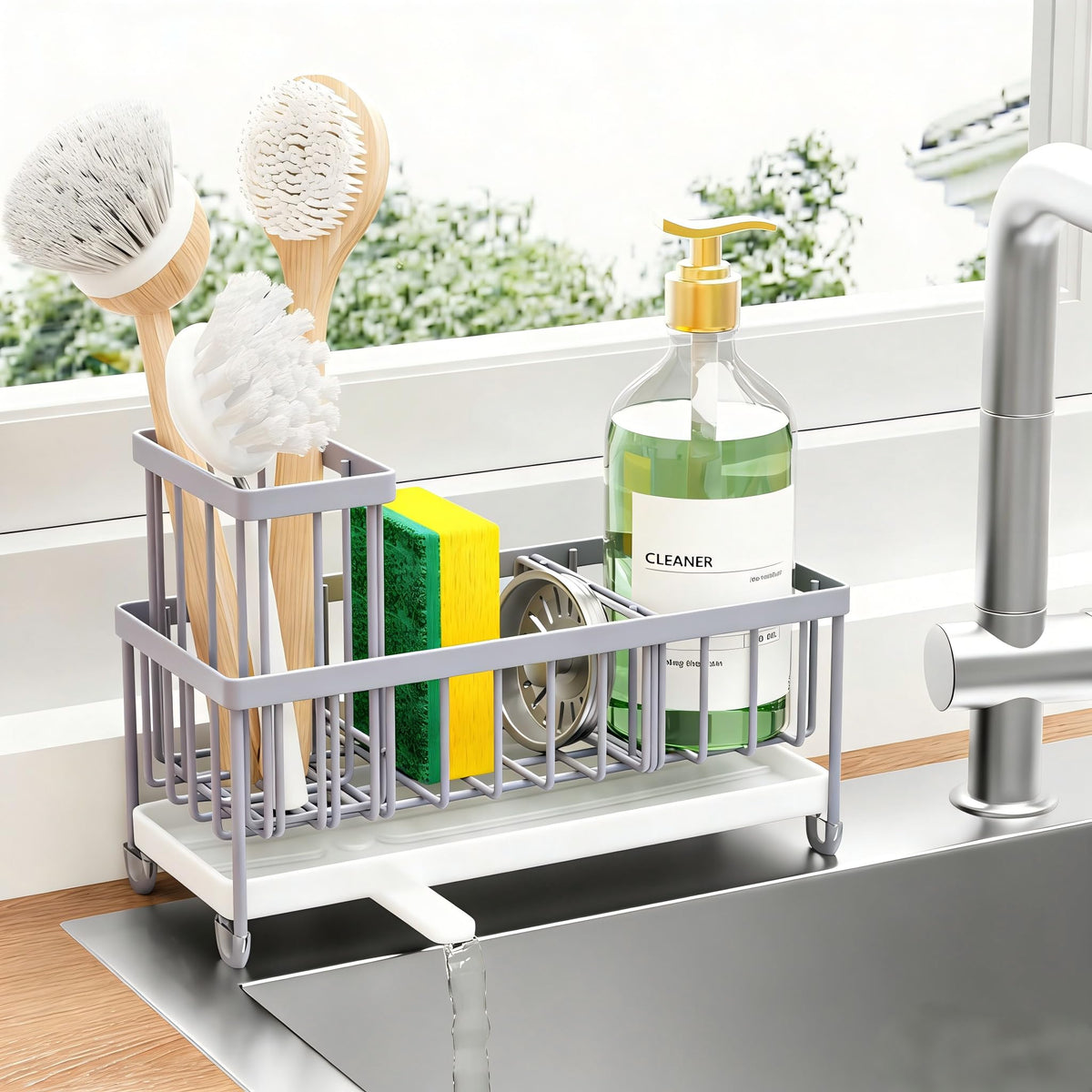 Cisily Sponge Holder for Kitchen Sink, Sink Caddy Organizer with High Brush Holder, Kitchen Countertop Organizers and Storage Essentials, Rustproof 304 Stainless Steel (Black, 9.25″)