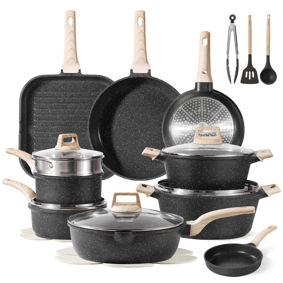 CAROTE 21Pcs Pots and Pans Set, Nonstick Cookware Sets, White Granite Induction Cookware Non Stick Cooking Set w/Frying Pans & Saucepans(PFOS, PFOA Free)