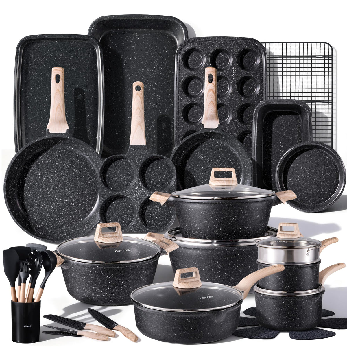 CAROTE 21Pcs Pots and Pans Set, Nonstick Cookware Sets, White Granite Induction Cookware Non Stick Cooking Set w/Frying Pans & Saucepans(PFOS, PFOA Free)