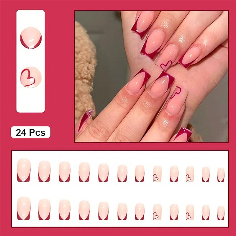 24 PCS Valentine's Day Press On Nails, French Tip Medium Square Wine Red Heart Fake Nails Natural Fit Gel Acrylic Nails, Glue On Nails False Nail Set